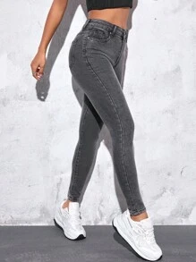 SHEIN PETITE 斜口袋緊身牛仔褲 - 灰色 - 查看 6