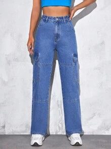 SHEIN PETITE 高腰側翻蓋口袋工裝牛仔褲 - 中等水洗藍 - 查看 1