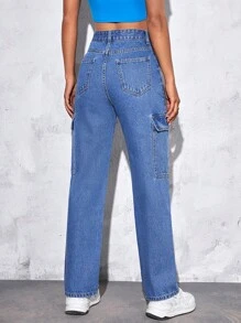 SHEIN PETITE 高腰側翻蓋口袋工裝牛仔褲 - 中等水洗藍 - 查看 2