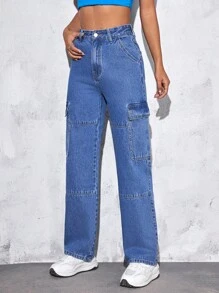 SHEIN PETITE 高腰側翻蓋口袋工裝牛仔褲 - 中等水洗藍 - 查看 3