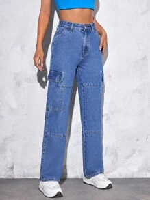 SHEIN PETITE 高腰側翻蓋口袋工裝牛仔褲 - 中等水洗藍 - 查看 4