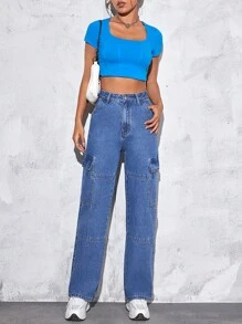 SHEIN PETITE 高腰側翻蓋口袋工裝牛仔褲 - 中等水洗藍 - 查看 5