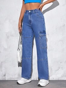 SHEIN PETITE 高腰側翻蓋口袋工裝牛仔褲 - 中等水洗藍 - 查看 6