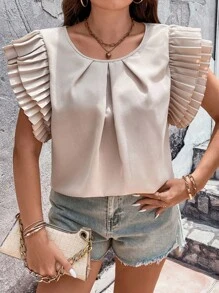 Celure Áo sơ mi Plus Size phân lớp Uốn nếp màu trơn Giải trí - Màu be - Xem 1