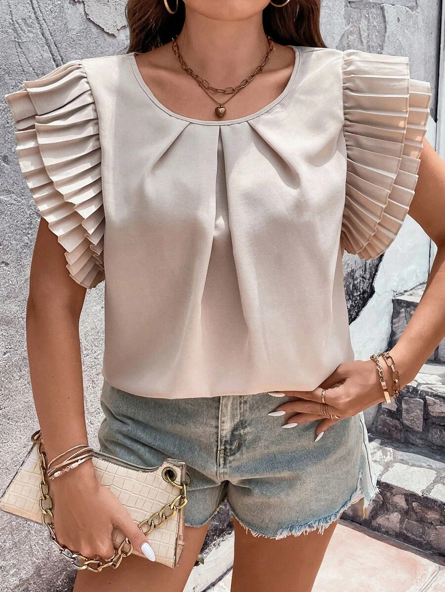 Celure Áo sơ mi Plus Size phân lớp Uốn nếp màu trơn Giải trí - Màu be - Xem 1