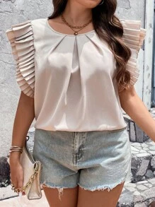 Celure Áo sơ mi Plus Size phân lớp Uốn nếp màu trơn Giải trí - Màu be - Xem 4