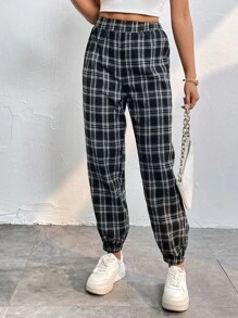 SHEIN PETITE 格紋印花運動褲 - 黑與白 - 查看 3