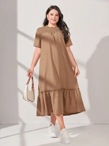 Mulvari Plus Solid Ruffle Hem Smock Dress Casual Women Dresses - Camel - View 1