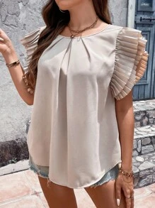 Celure Áo sơ mi Plus Size phân lớp Uốn nếp màu trơn Giải trí - Màu be - Xem 5