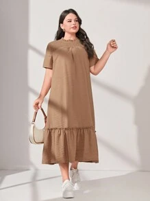 Mulvari Plus Solid Ruffle Hem Smock Dress Casual Women Dresses - Camel - View 3