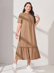 Mulvari Plus Solid Ruffle Hem Smock Dress Casual Women Dresses - Camel - View 4