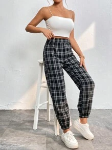 SHEIN PETITE 格紋印花運動褲 - 黑與白 - 查看 1