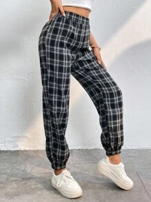 SHEIN PETITE 格紋印花運動褲 - 黑與白 - 查看 4