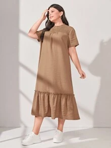 Mulvari Plus Solid Ruffle Hem Smock Dress Casual Women Dresses - Camel - View 5