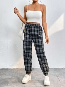 SHEIN PETITE 格紋印花運動褲 - 黑與白 - 查看 5