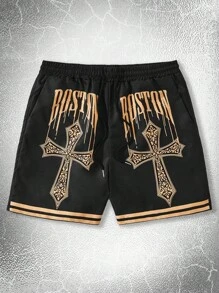 ROMWE MEN Goth 男士交叉印花腰部抽繩短褲 - 黑色 - 查看 1