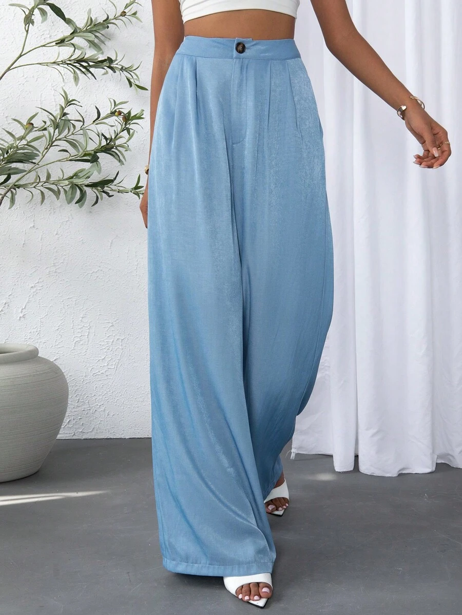 SHEIN Essnce Solid Wide Leg Pants - Light Wash - View 1