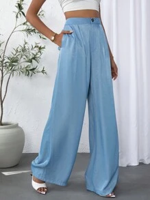 SHEIN Essnce Solid Wide Leg Pants - Light Wash - View 4