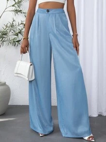 SHEIN Essnce Solid Wide Leg Pants - Light Wash - View 5