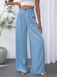 SHEIN Essnce Solid Wide Leg Pants - Light Wash - View 6