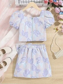 SHEIN 女孩熱帶圖案前蝴蝶結泡泡袖上衣&開衩短裙 - 彩色 - 查看 2