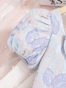 SHEIN 女孩熱帶圖案前蝴蝶結泡泡袖上衣&開衩短裙 - 彩色 - 查看 3