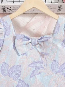 SHEIN 女孩熱帶圖案前蝴蝶結泡泡袖上衣&開衩短裙 - 彩色 - 查看 4