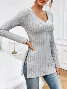 SHEIN Essnce 女性長袖分裂式V領T恤 - 淺灰色 - 查看 1