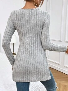 SHEIN Essnce 女性長袖分裂式V領T恤 - 淺灰色 - 查看 2