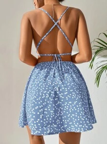 SHEIN PETITE Đầm Lộ Lưng Hội Chữ thập Buộc lại Tất cả trên in Tim Gợi cảm - Màu xanh bụi bặm - Xem 2