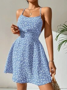 SHEIN PETITE Đầm Lộ Lưng Hội Chữ thập Buộc lại Tất cả trên in Tim Gợi cảm - Màu xanh bụi bặm - Xem 4