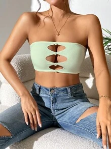 SHEIN PETITE Cut Out Front Tube Top - Green - View 1