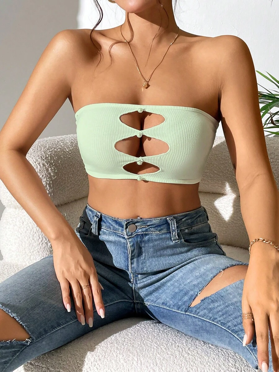 SHEIN PETITE Cut Out Front Tube Top - Green - View 1