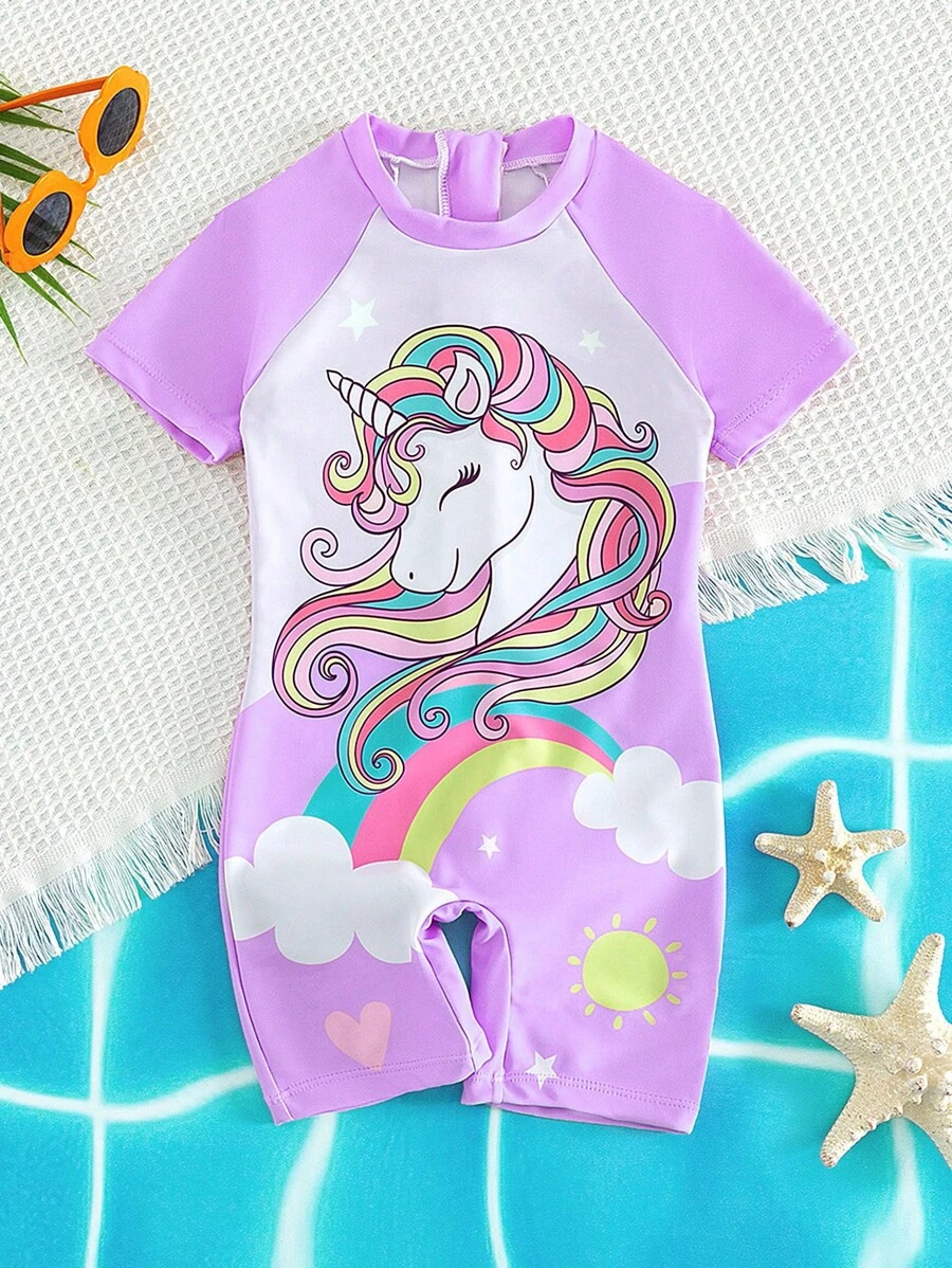 Young Girl Unicorn Print Contrast Raglan Sleeve One Piece Swimsuit - Purple - View 1