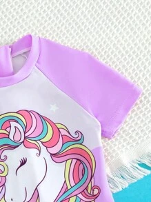 Young Girl Unicorn Print Contrast Raglan Sleeve One Piece Swimsuit - Purple - View 3