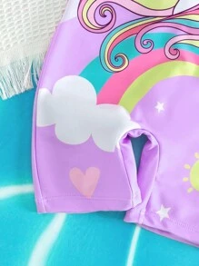 Young Girl Unicorn Print Contrast Raglan Sleeve One Piece Swimsuit - Purple - View 4