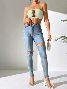 SHEIN PETITE Cut Out Front Tube Top - Green - View 6