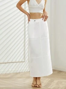 素色紐扣細節直筒半身裙 - 白色 - 查看 1