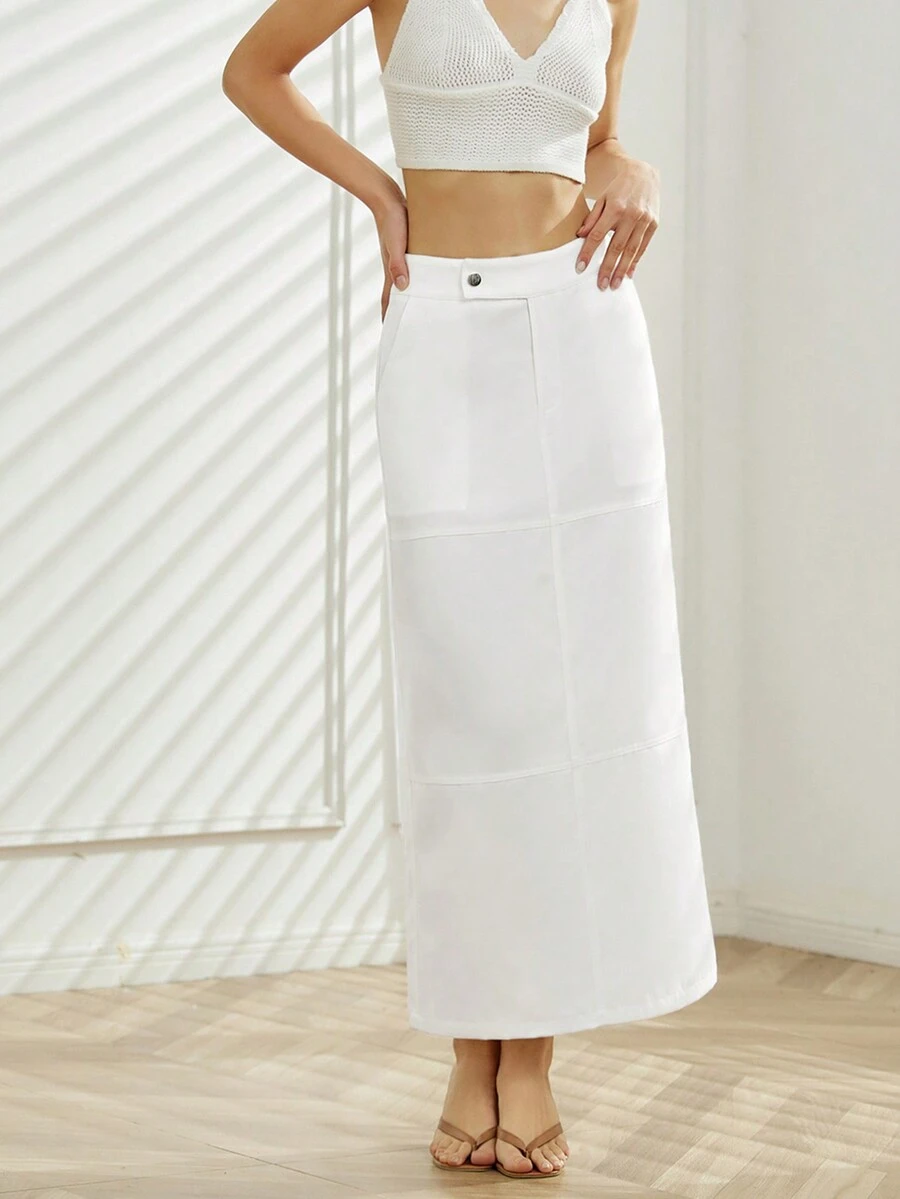 素色紐扣細節直筒半身裙 - 白色 - 查看 1
