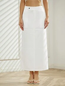 素色紐扣細節直筒半身裙 - 白色 - 查看 3