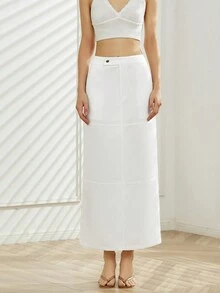 素色紐扣細節直筒半身裙 - 白色 - 查看 4