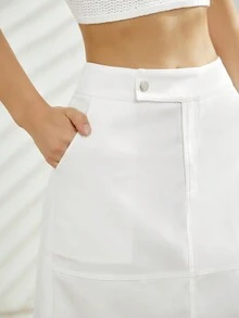 素色紐扣細節直筒半身裙 - 白色 - 查看 7