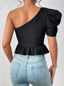 SHEIN Privé 單肩泡泡袖荷葉邊短款T恤 - 黑色 - 查看 2