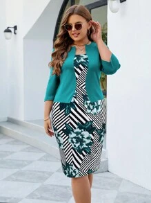 HOMEYEE Đầm Plus Size Hoa Sọc Thanh lịch - Nhiều màu - Xem 1