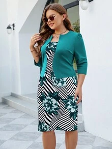 HOMEYEE Đầm Plus Size Hoa Sọc Thanh lịch - Nhiều màu - Xem 3