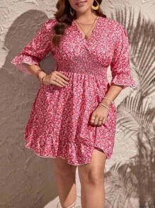 SHEIN VCAY 大碼碎花荷葉袖荷葉邊連衣裙 - 紅色 - 查看 4