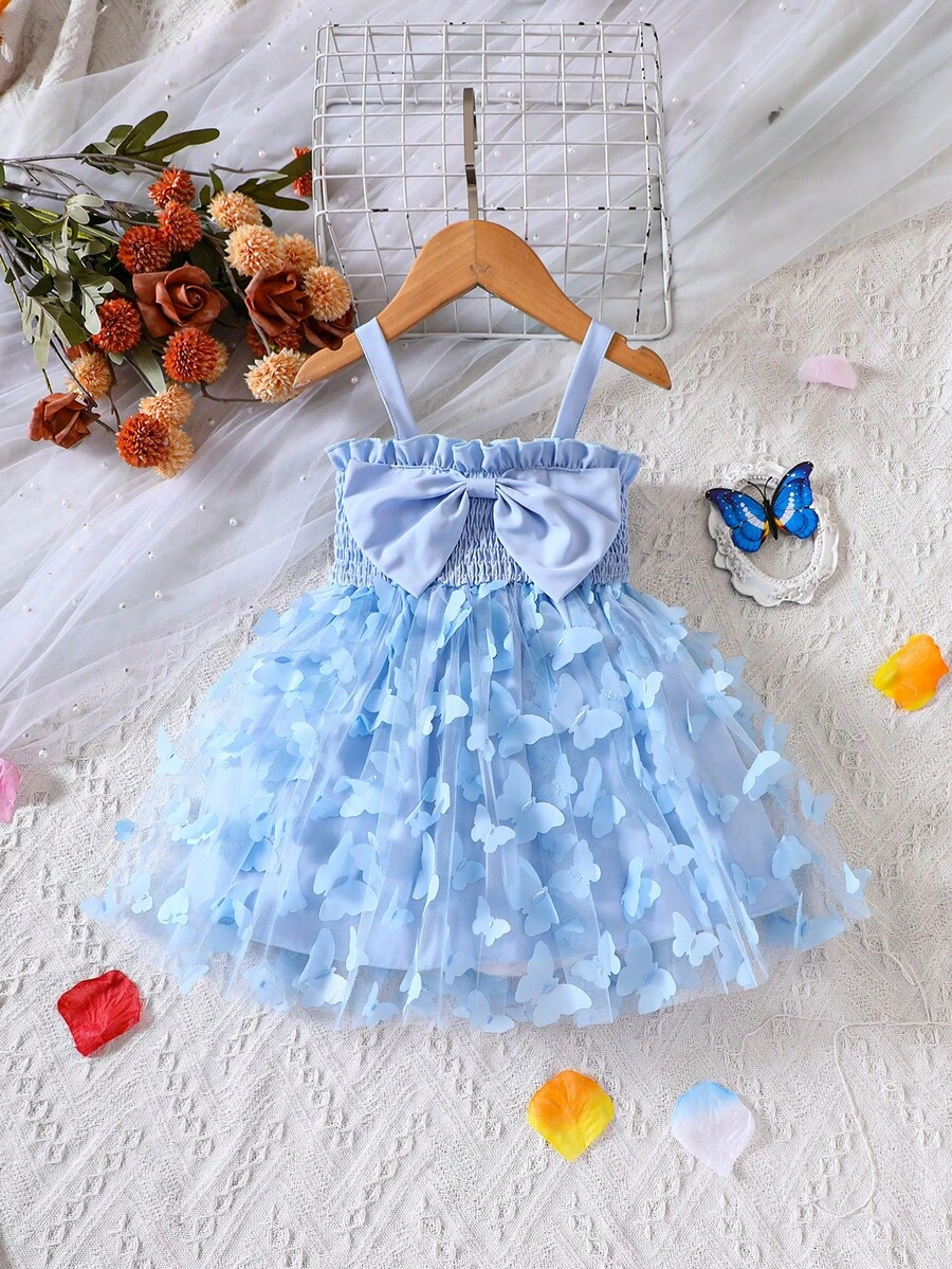 嬰兒蝴蝶貼花前蝴蝶結打褶吊帶洋裝 - 藍色 - 查看 1