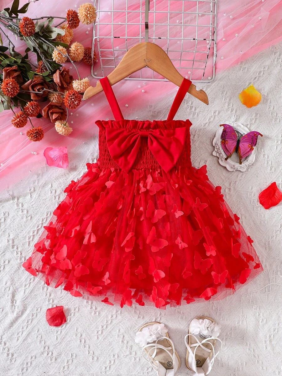 Baby Girl Butterfly Appliques Bow Front Cami Dress - Red - View 1