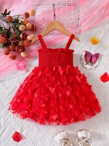 Baby Girl Butterfly Appliques Bow Front Cami Dress - Red - View 2