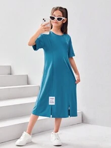 SHEIN Đầm Gái Đắp vá Chia Lá thư Giải trí - Màu xanh bụi bặm - Xem 1